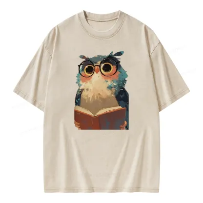 Pagewings Cute Owl Reading A Book Unisex Washed T-shirt