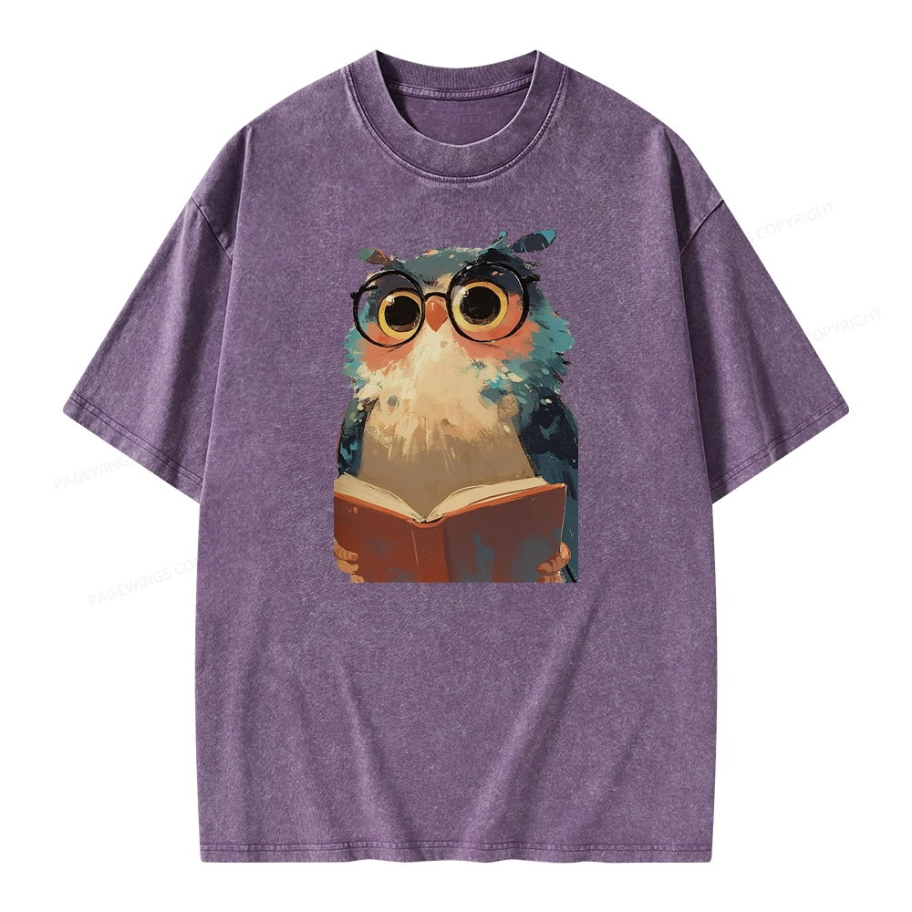 Pagewings Cute Owl Reading A Book Unisex Washed T-shirt