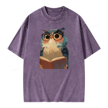 Pagewings Cute Owl Reading A Book Unisex Washed T-shirt