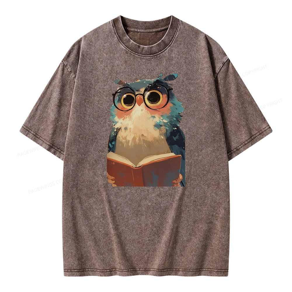 Pagewings Cute Owl Reading A Book Unisex Washed T-shirt