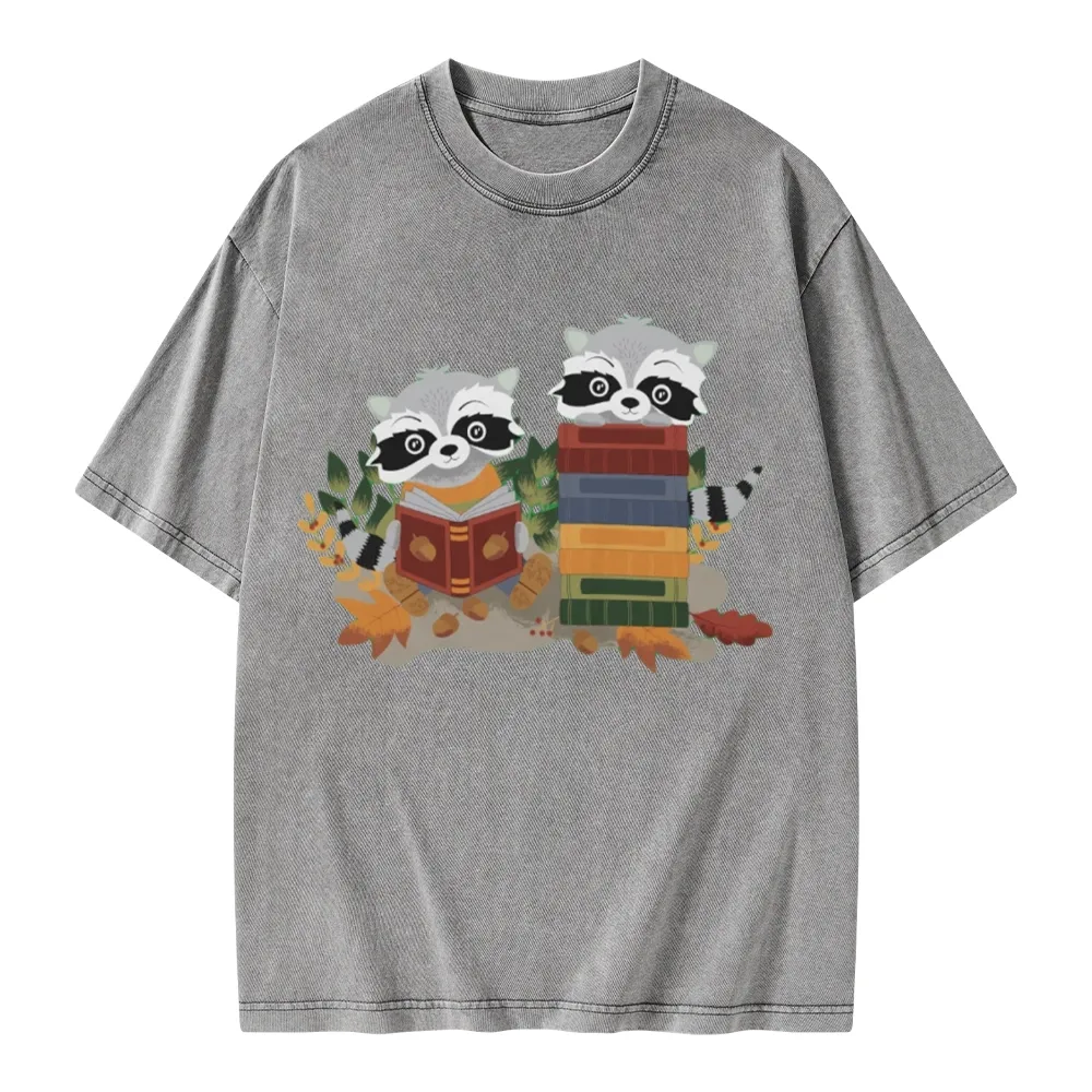 Pagewings Two Raccoons with Books Unisex Washed T-shirt