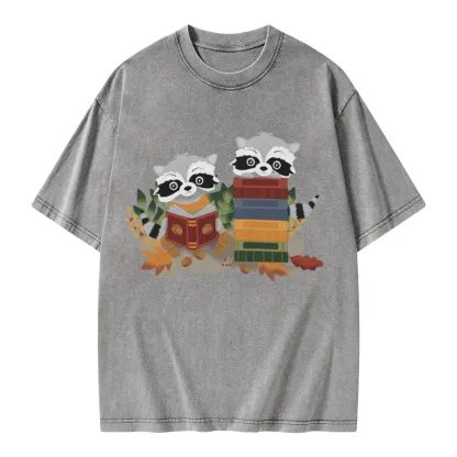 Pagewings Two Raccoons with Books Unisex Washed T-shirt