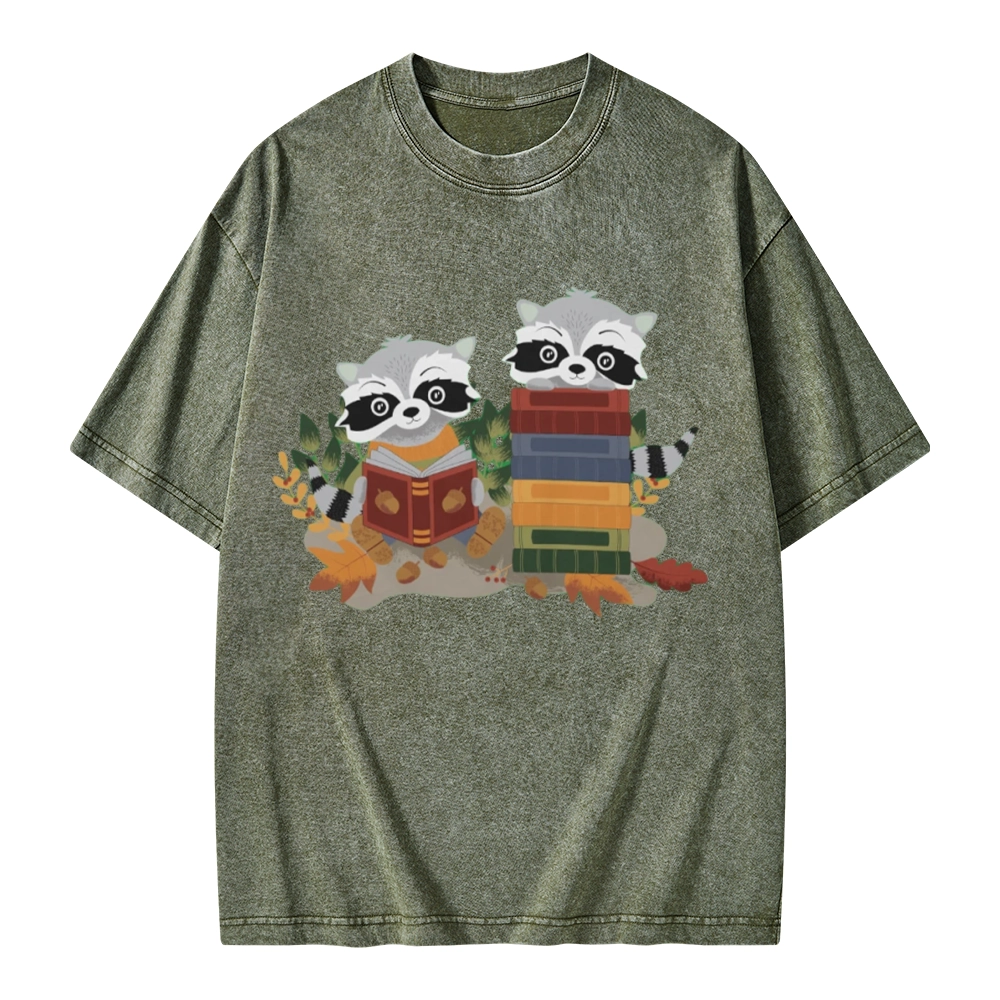 Pagewings Two Raccoons with Books Unisex Washed T-shirt