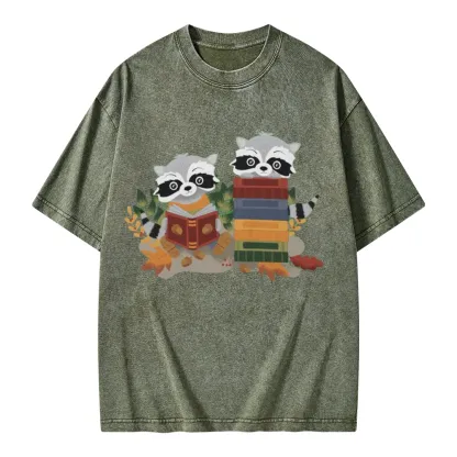 Pagewings Two Raccoons with Books Unisex Washed T-shirt