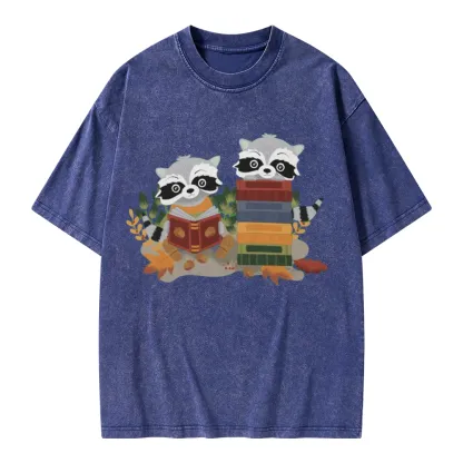 Pagewings Two Raccoons with Books Unisex Washed T-shirt