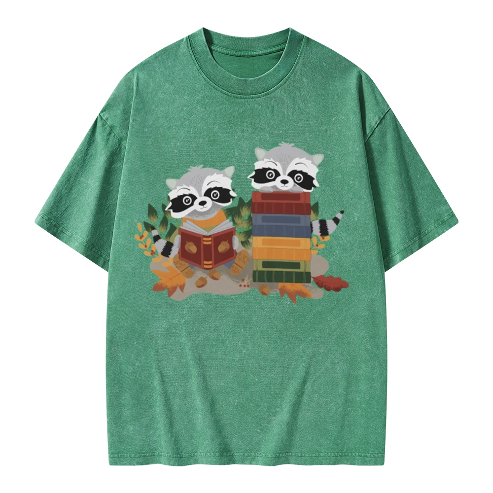 Pagewings Two Raccoons with Books Unisex Washed T-shirt