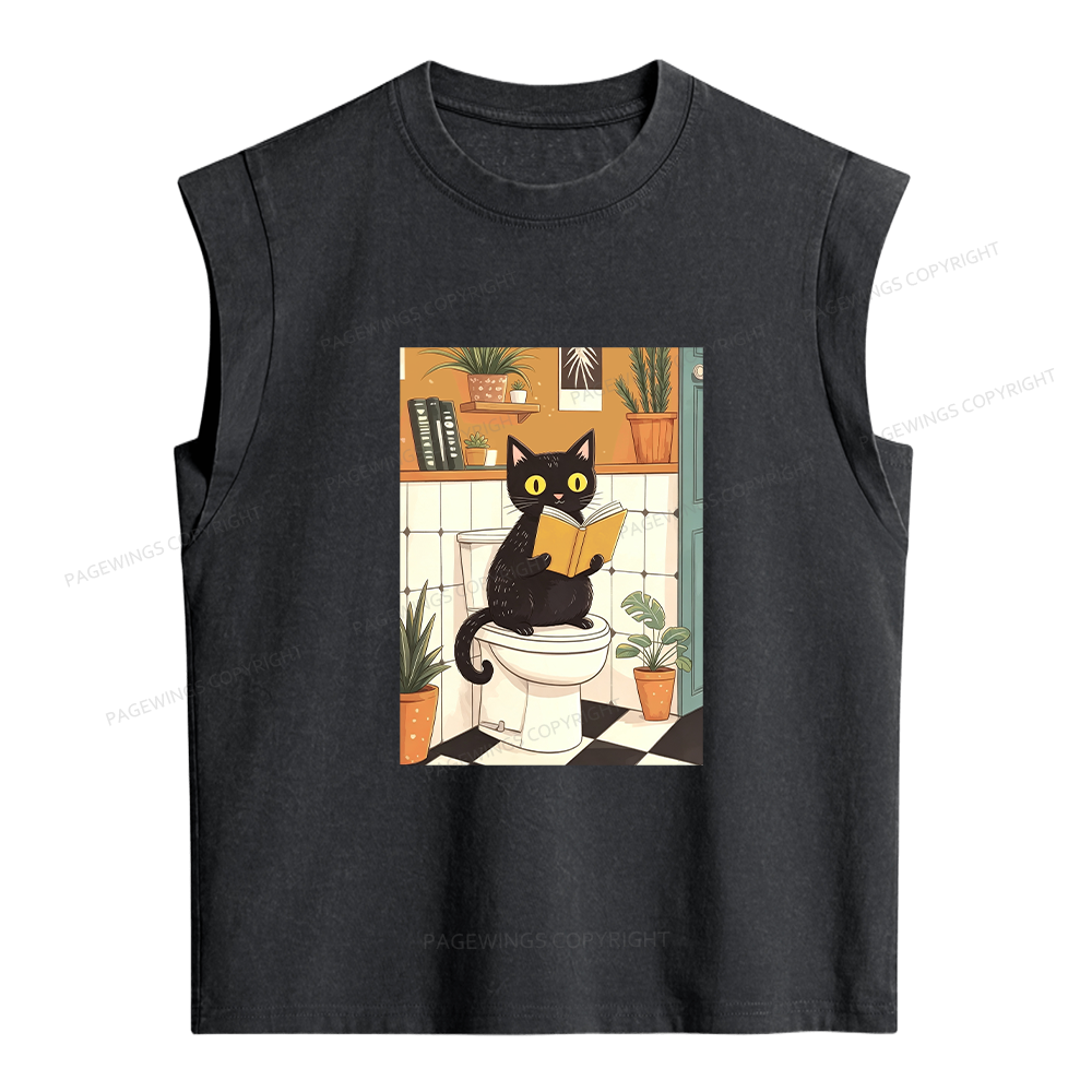 Pagewings Cat Reading on Toilet Women's Washed Tank Top