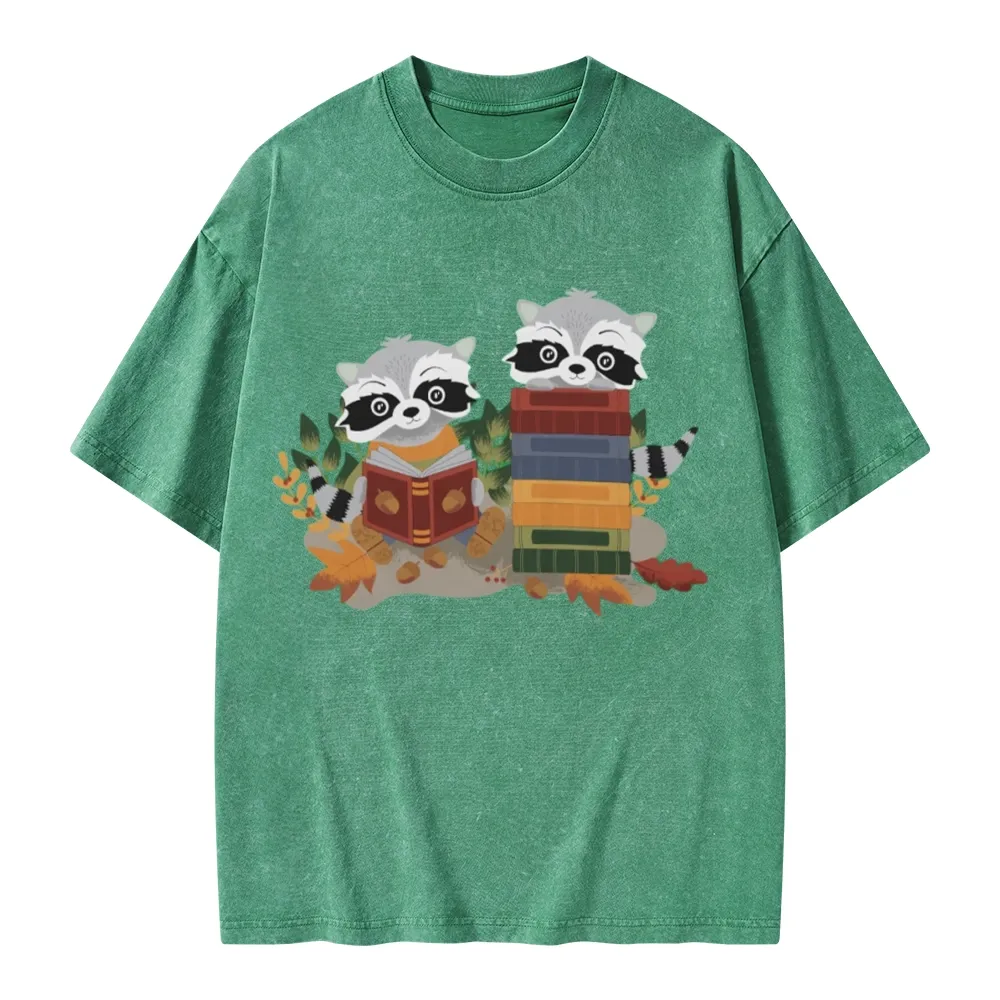 Pagewings Two Raccoons with Books Unisex Washed T-shirt