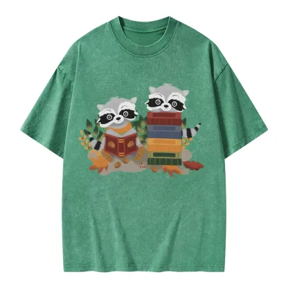 Pagewings Two Raccoons with Books Unisex Washed T-shirt