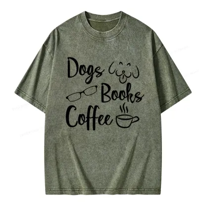 Pagewings Dogs Books Coffee Unisex Washed T-shirt