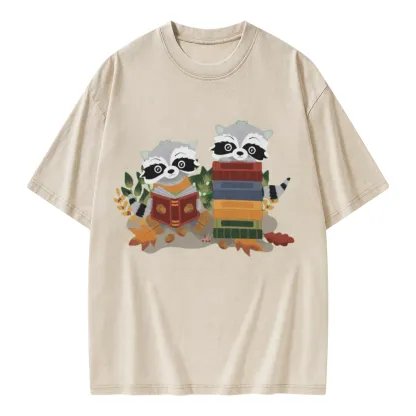 Pagewings Two Raccoons with Books Unisex Washed T-shirt