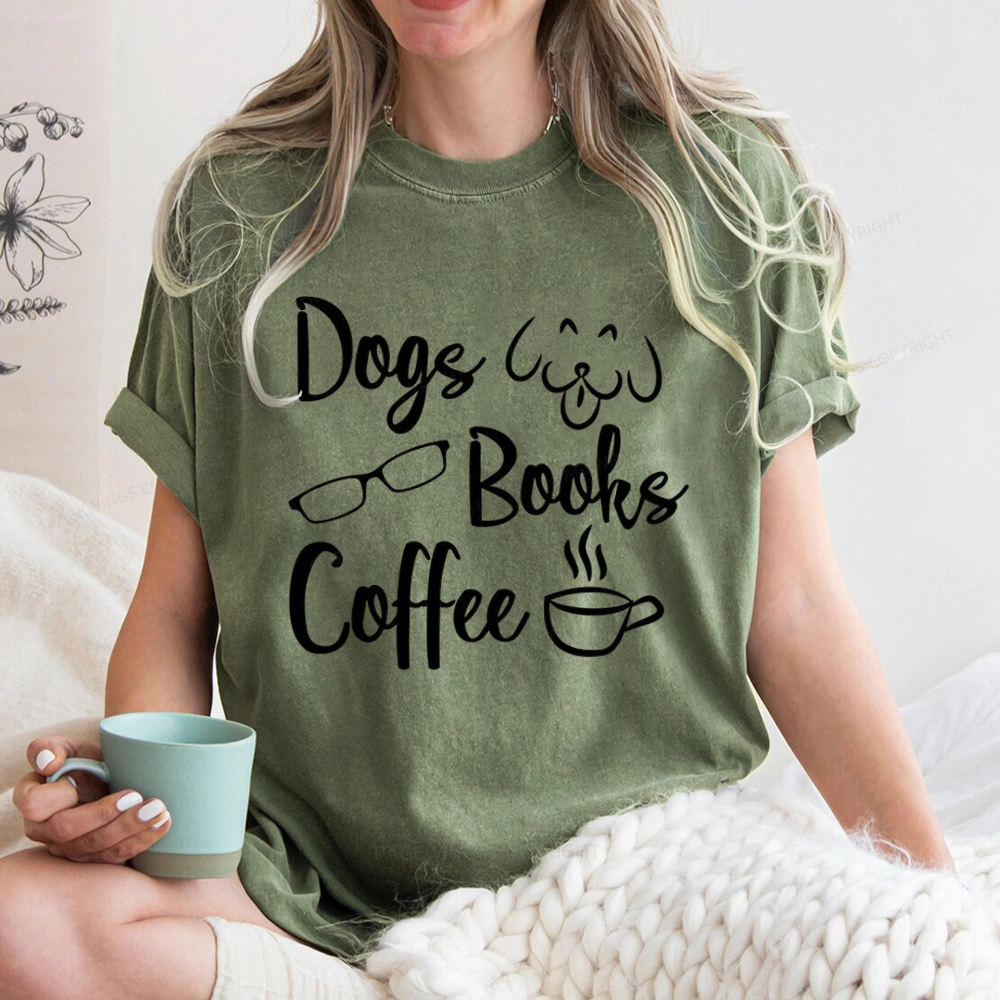 Pagewings Dogs Books Coffee Unisex Washed T-shirt