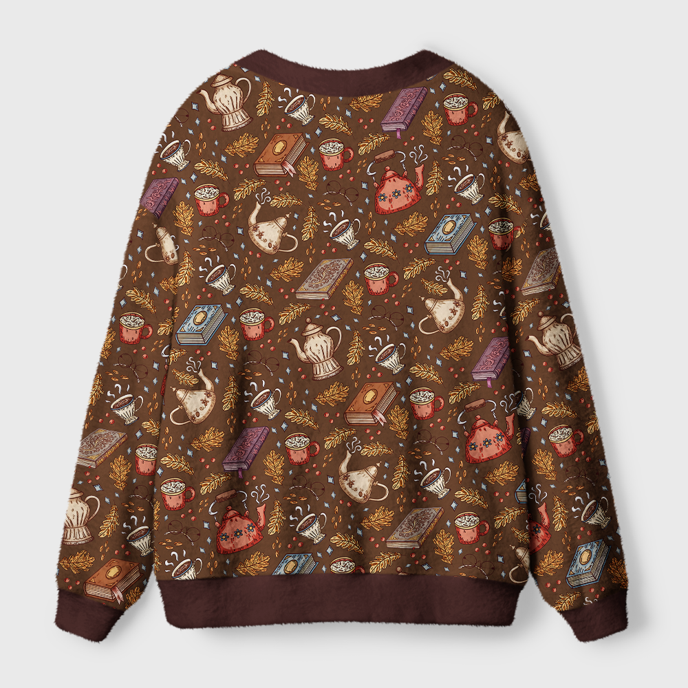 Pagewings Cozy Books And Tea Light Knit Unisex Cardigan Sweaters