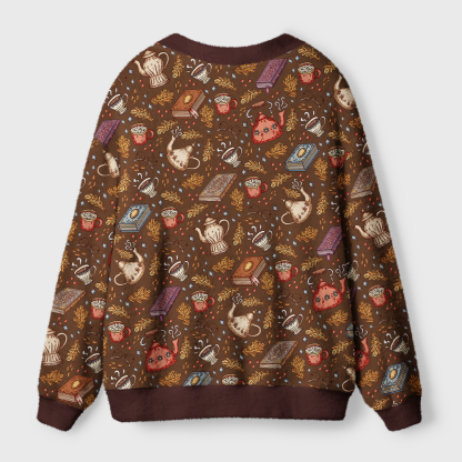 Pagewings Cozy Books And Tea Light Knit Unisex Cardigan Sweaters