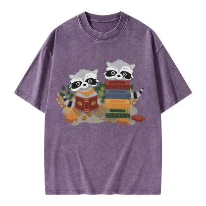 Pagewings Two Raccoons with Books Unisex Washed T-shirt