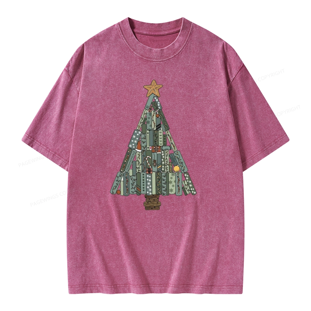 Pagewings Christmas Book Tree Unisex Washed T-shirt