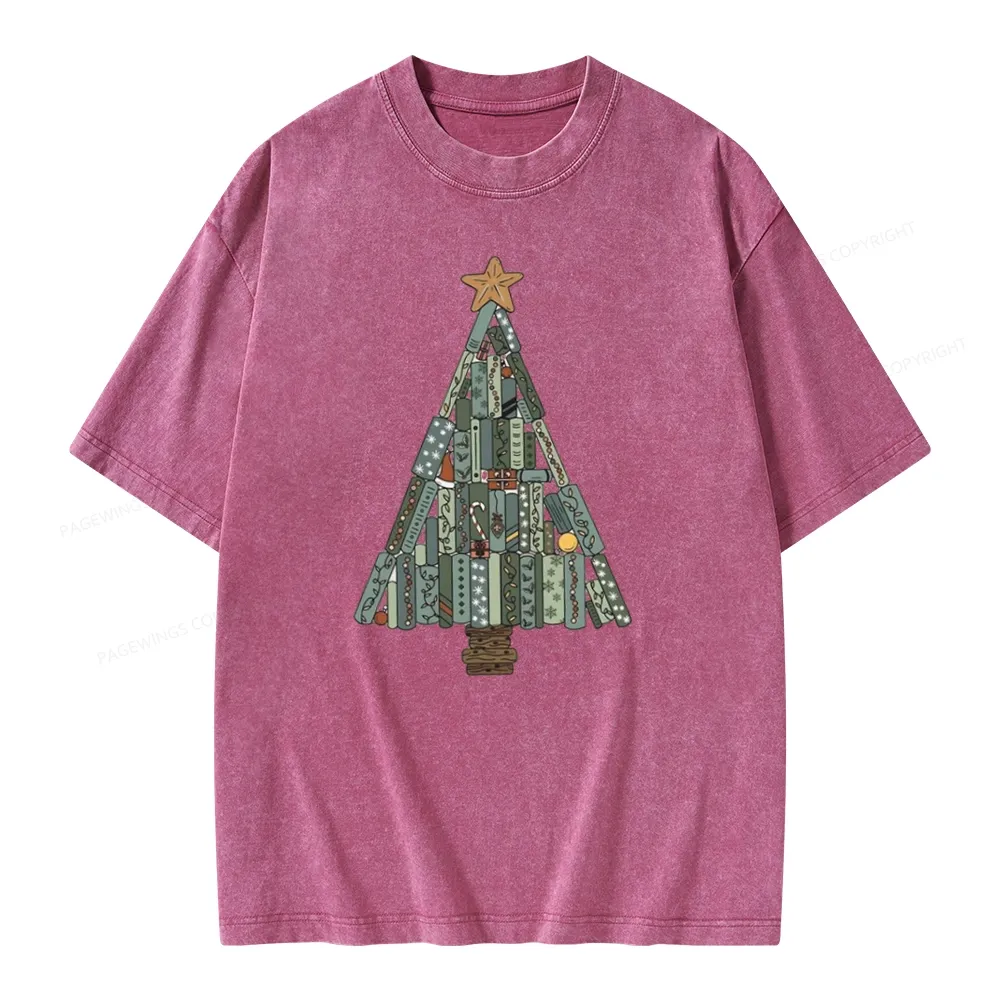 Pagewings Christmas Book Tree Unisex Washed T-shirt