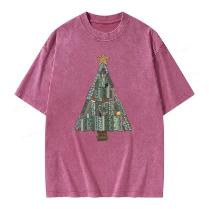 Pagewings Christmas Book Tree Unisex Washed T-shirt