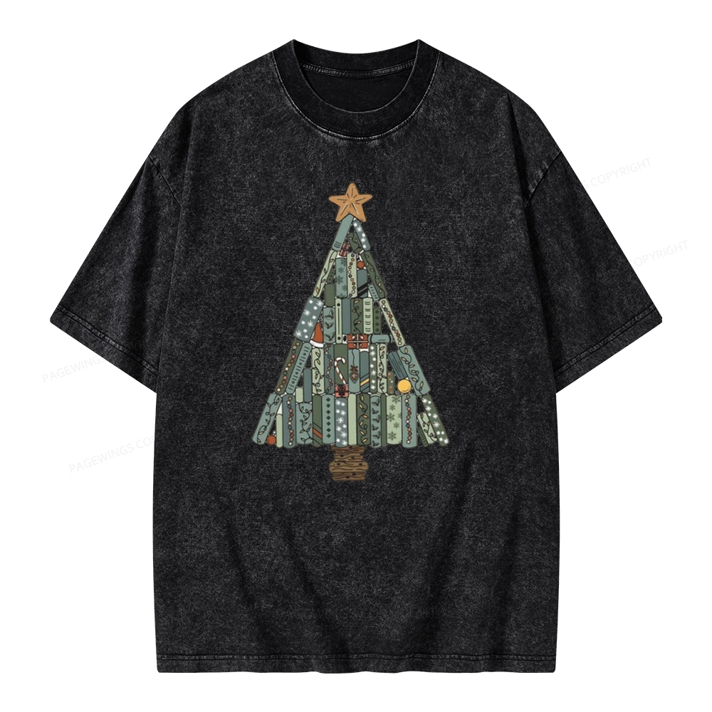 Pagewings Christmas Book Tree Unisex Washed T-shirt
