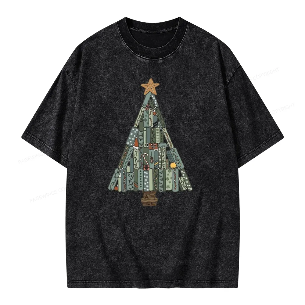 Pagewings Christmas Book Tree Unisex Washed T-shirt
