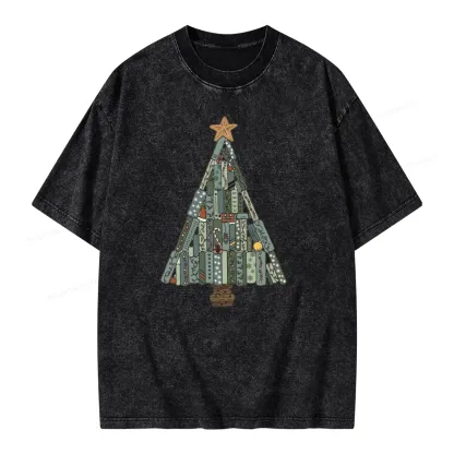 Pagewings Christmas Book Tree Unisex Washed T-shirt