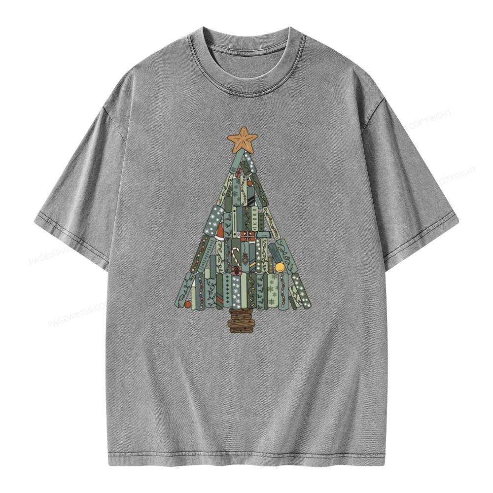 Pagewings Christmas Book Tree Unisex Washed T-shirt
