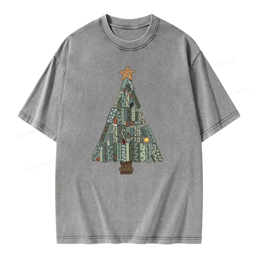 Pagewings Christmas Book Tree Unisex Washed T-shirt