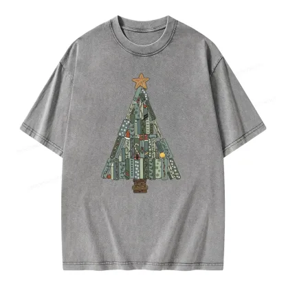 Pagewings Christmas Book Tree Unisex Washed T-shirt