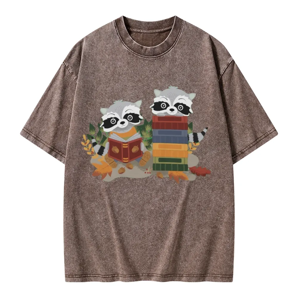 Pagewings Two Raccoons with Books Unisex Washed T-shirt