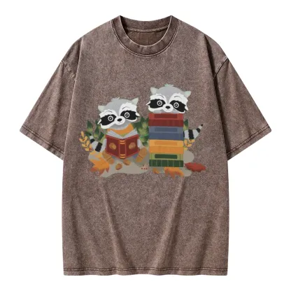 Pagewings Two Raccoons with Books Unisex Washed T-shirt