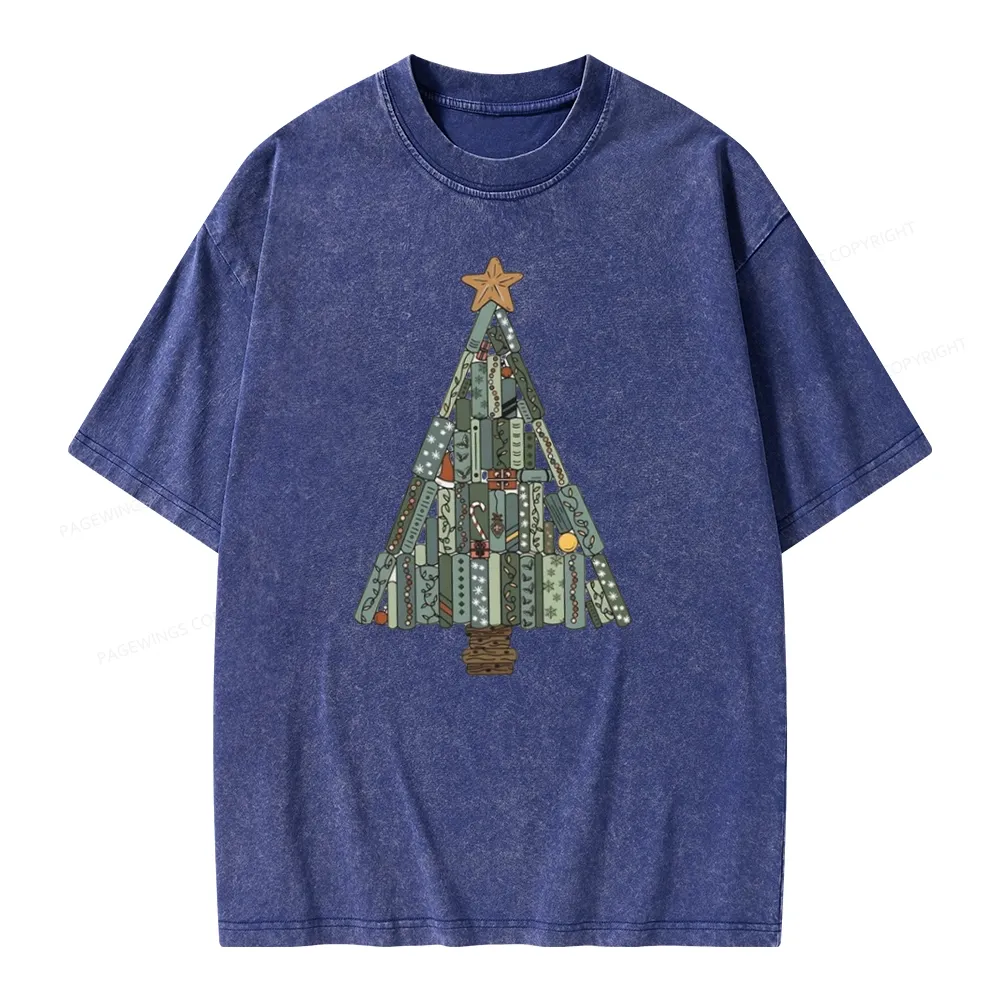 Pagewings Christmas Book Tree Unisex Washed T-shirt