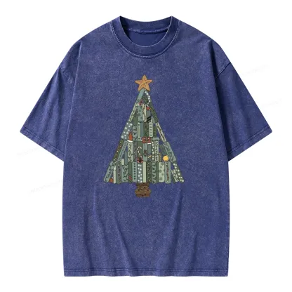 Pagewings Christmas Book Tree Unisex Washed T-shirt