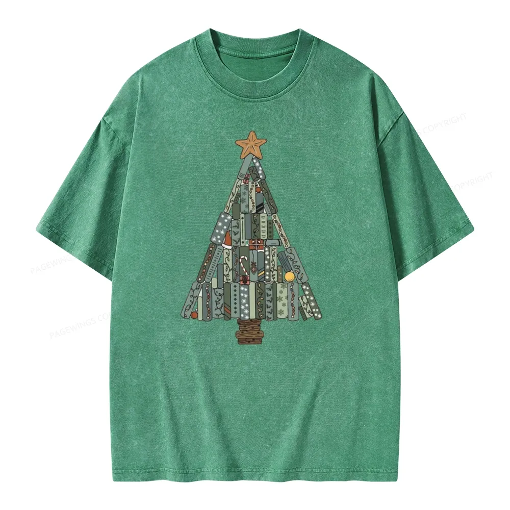 Pagewings Christmas Book Tree Unisex Washed T-shirt