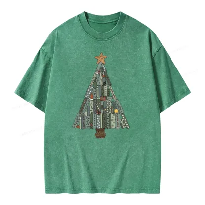 Pagewings Christmas Book Tree Unisex Washed T-shirt