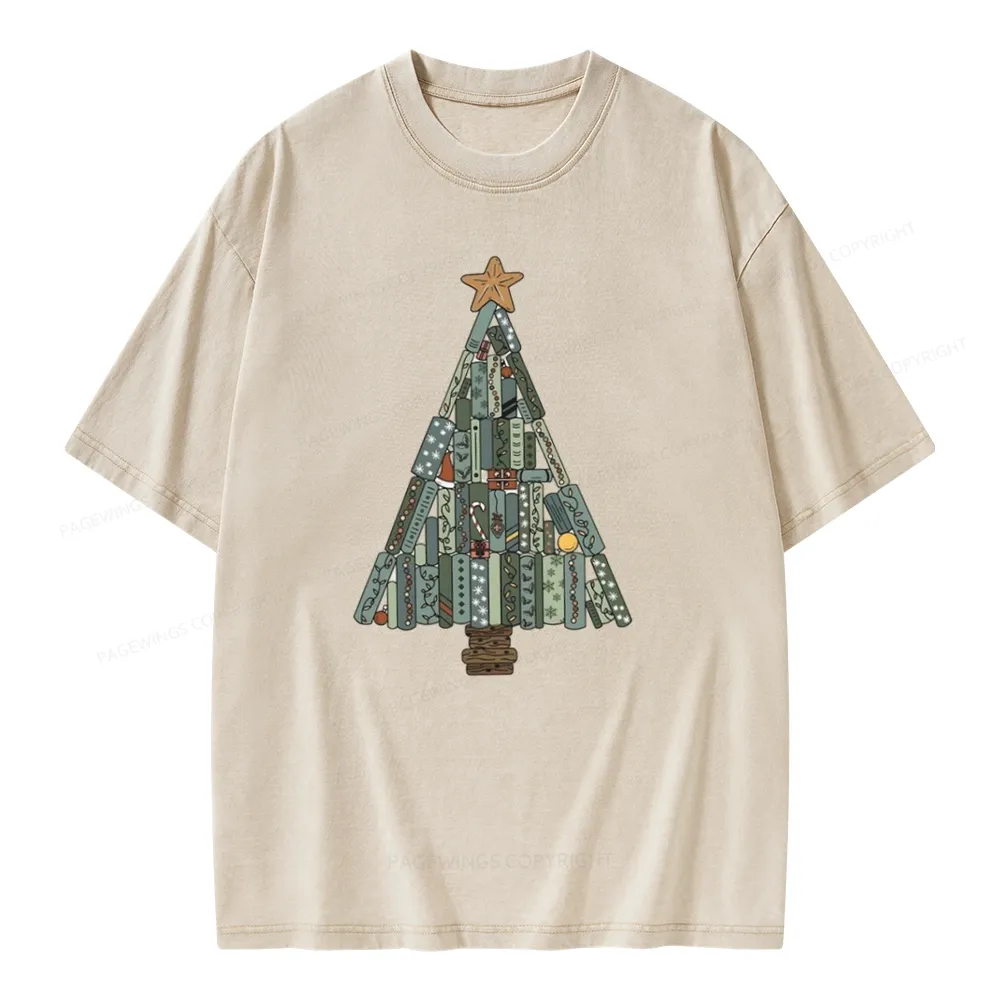 Pagewings Christmas Book Tree Unisex Washed T-shirt