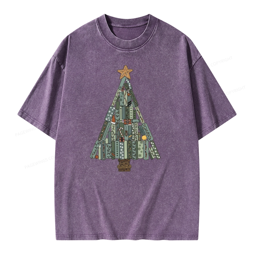 Pagewings Christmas Book Tree Unisex Washed T-shirt