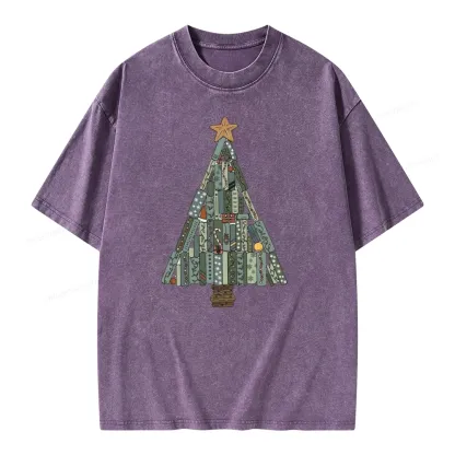 Pagewings Christmas Book Tree Unisex Washed T-shirt