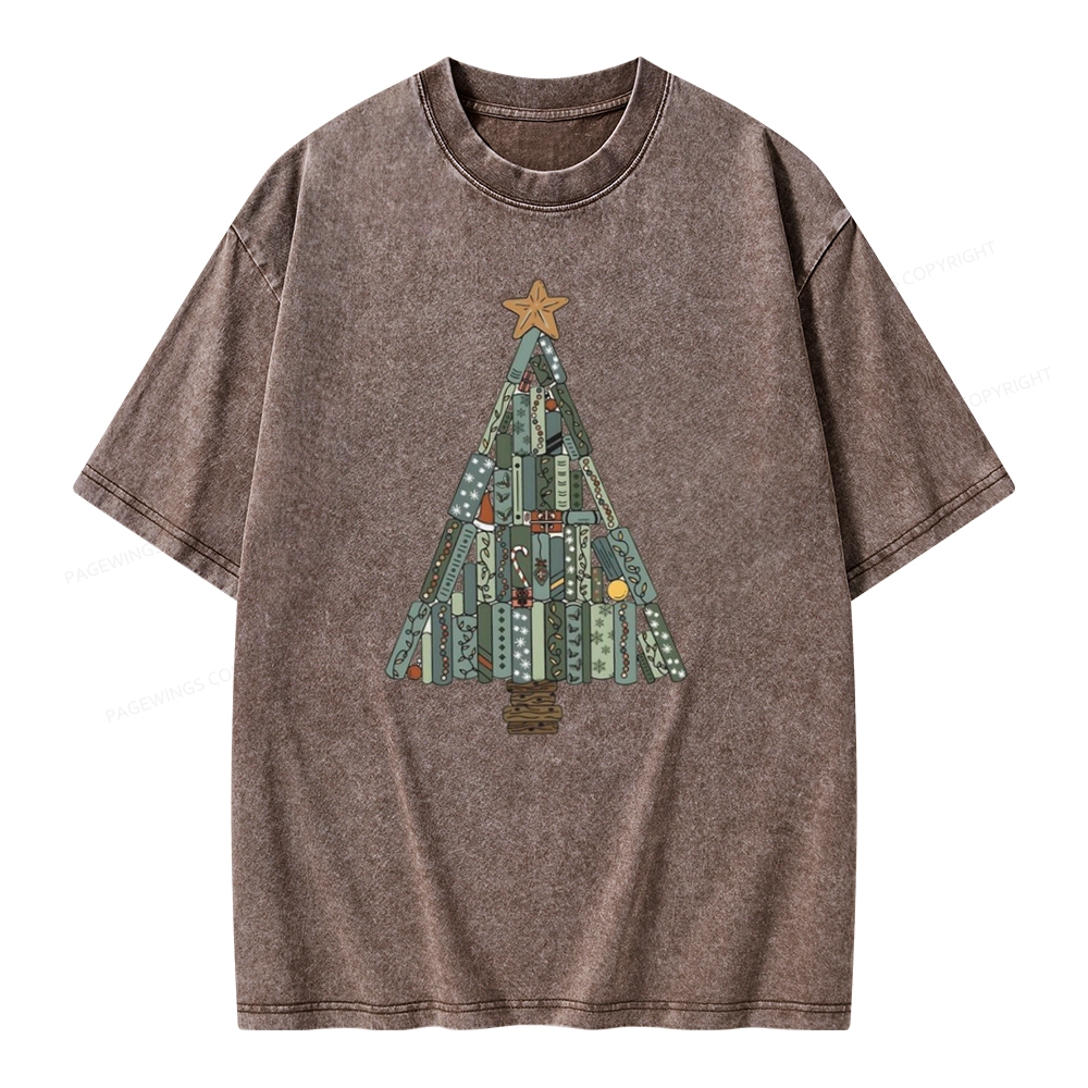 Pagewings Christmas Book Tree Unisex Washed T-shirt