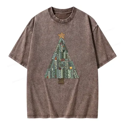 Pagewings Christmas Book Tree Unisex Washed T-shirt
