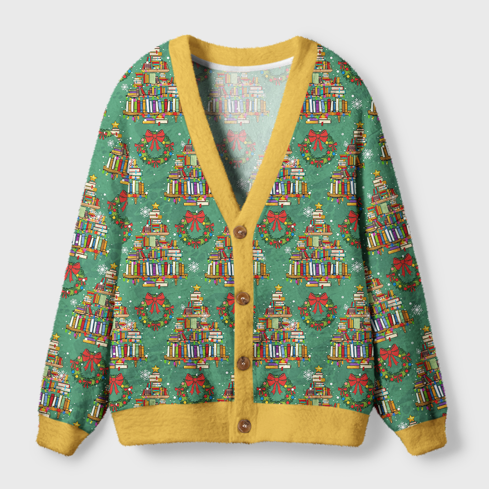 Pagewings Christmas Book Tree Light Knit Unisex Cardigan Sweaters