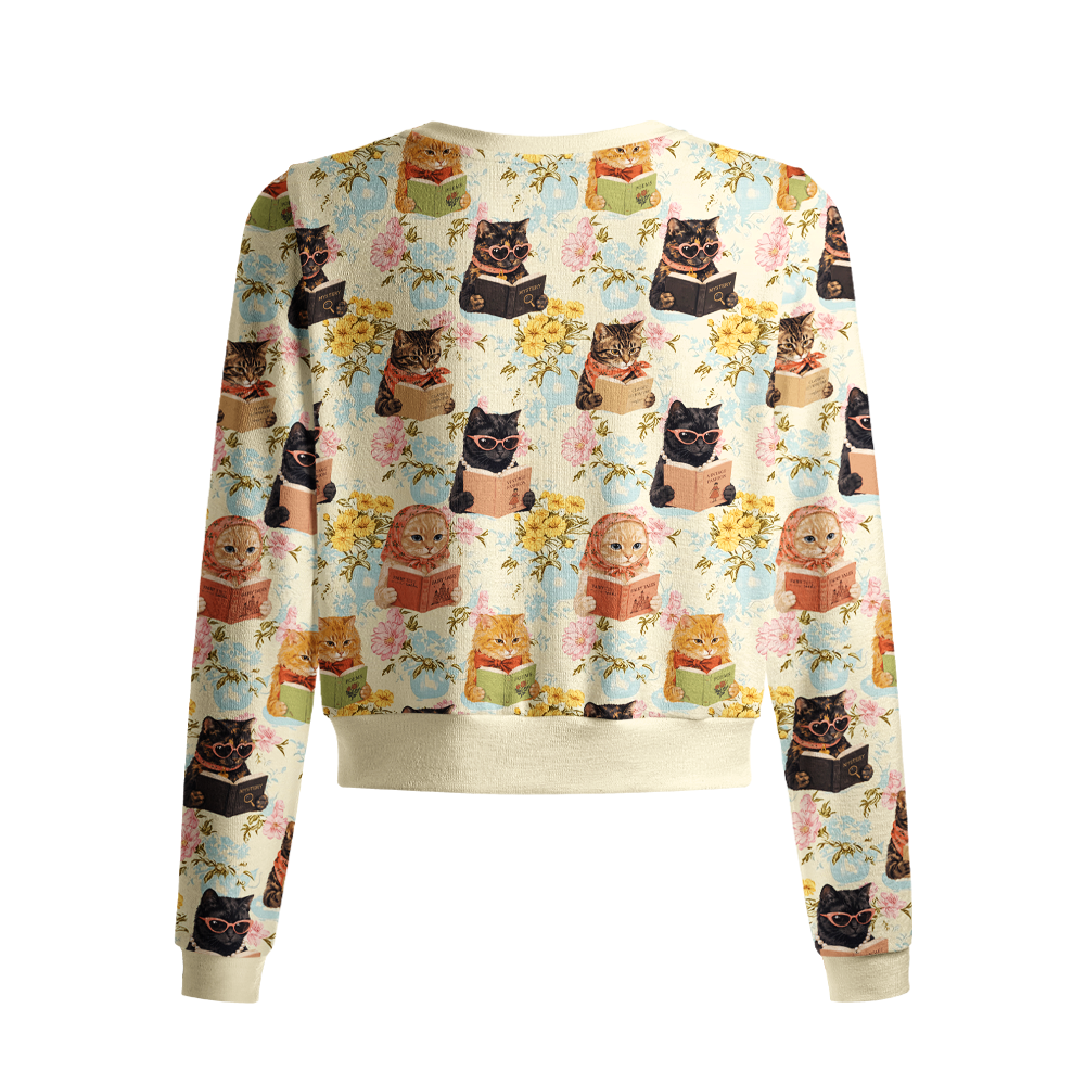 Pagewings Reading Cat Crew Neck Cardigan Sweaters