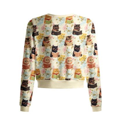 Pagewings Reading Cat Crew Neck Cardigan Sweaters