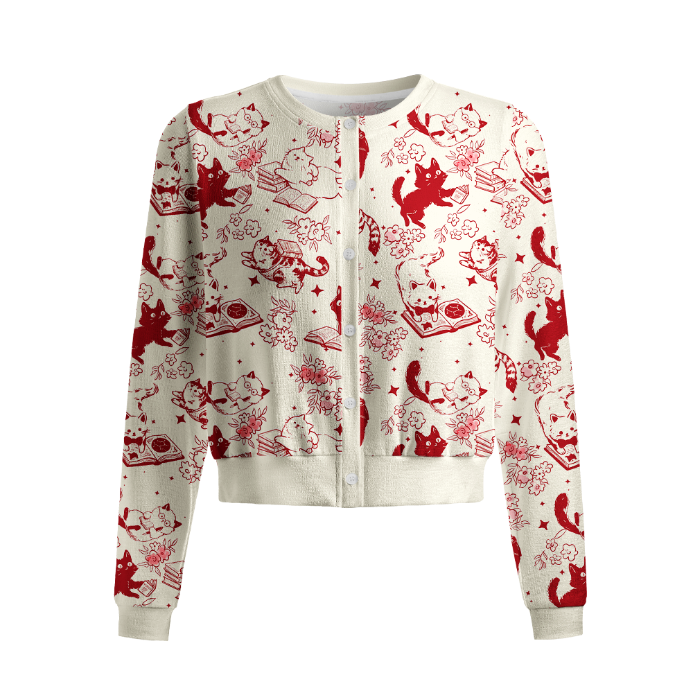 Pagewings Cat Book Lover Crew Neck Cardigan Sweaters
