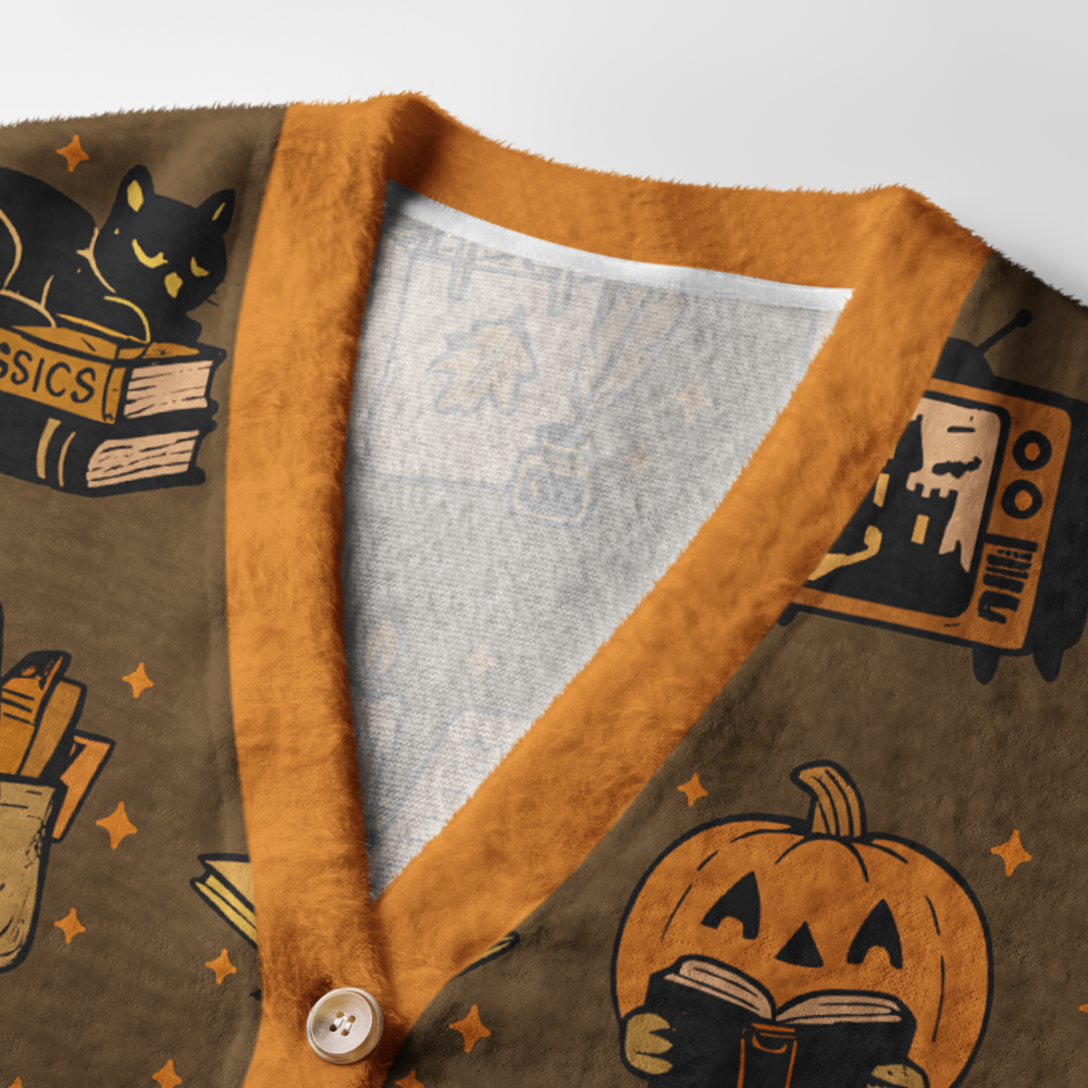 Pagewings Square Neck Spooky Book Lover Halloween Dress Light Knit Unisex Cardigan Sweaters