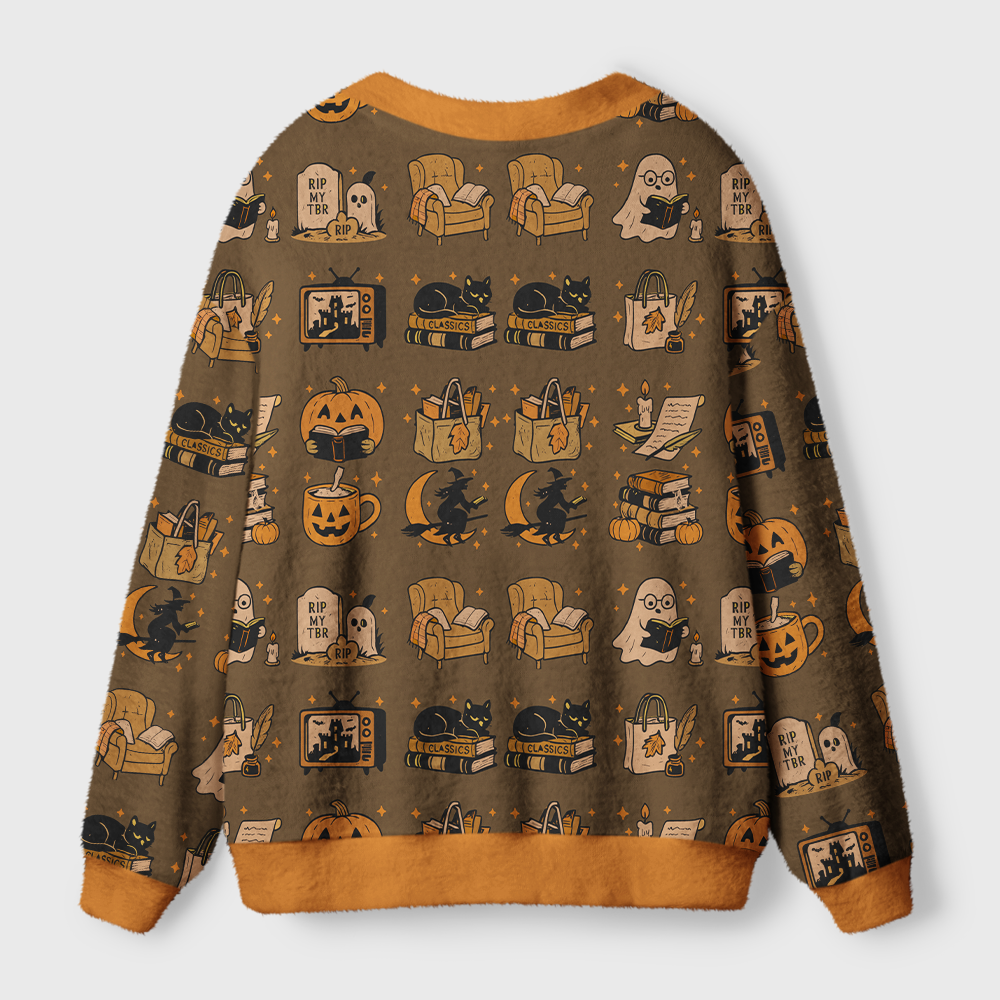 Pagewings Square Neck Spooky Book Lover Halloween Dress Light Knit Unisex Cardigan Sweaters