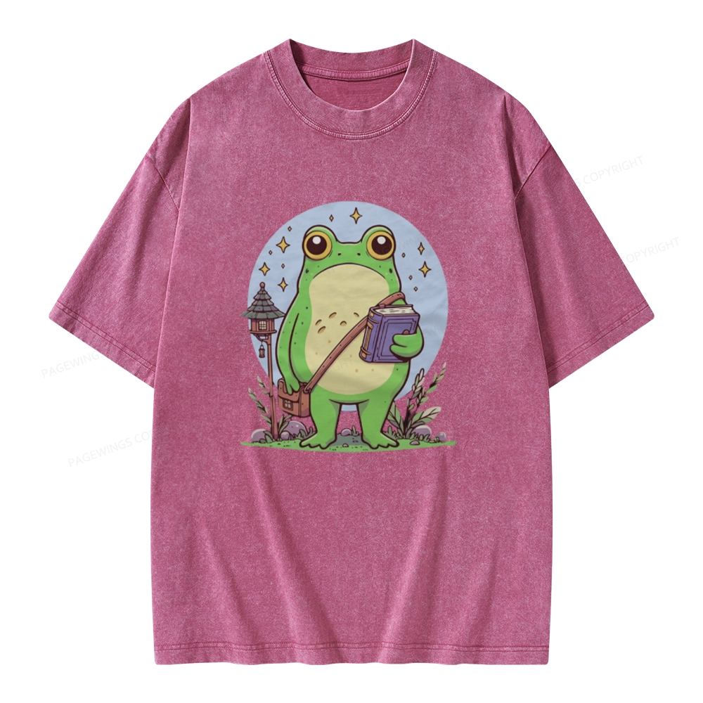 Pagewings Frog Reading Book Unisex Washed T-shirt