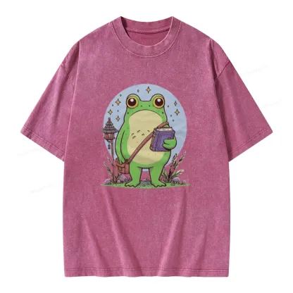 Pagewings Frog Reading Book Unisex Washed T-shirt