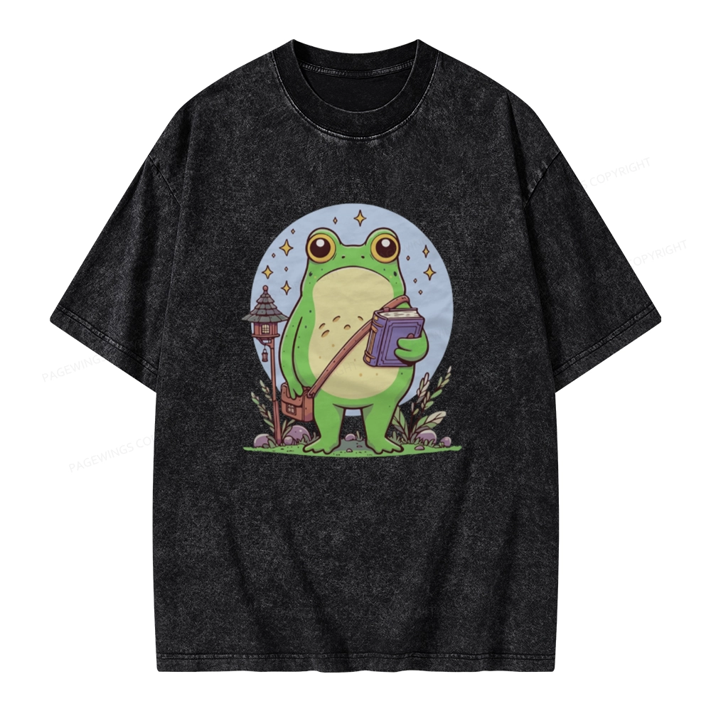 Pagewings Frog Reading Book Unisex Washed T-shirt