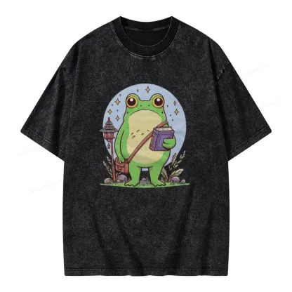 Pagewings Frog Reading Book Unisex Washed T-shirt