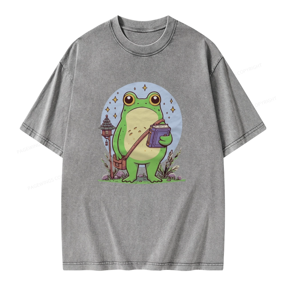 Pagewings Frog Reading Book Unisex Washed T-shirt